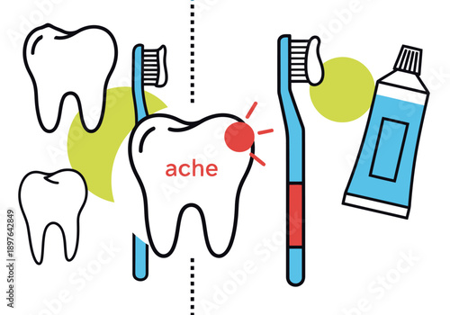 A vibrant graphic illustration depicts a toothache, highlighting dental hygiene with a toothbrush, toothpaste, and healthy teeth. Bold colors and clear symbols convey a message of oral health.