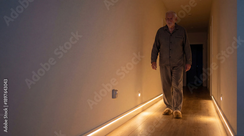 Motion sensor night lighting supporting elderly man for fall prevention