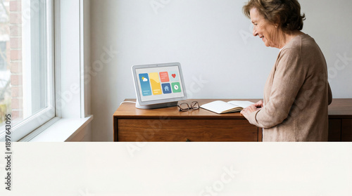 Smart display with AI reminders supporting elderly woman daily routine