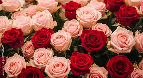 A vibrant bouquet of red and pink roses arranged together in a beautiful floral display