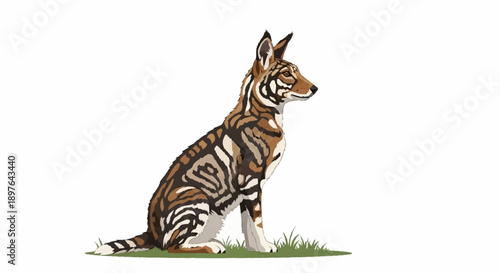 African Wild Dog with Tiger Stripes Sitting on Grass.