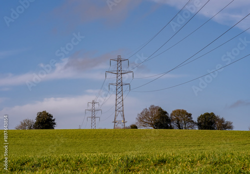Electric pylon in an arable agricultural field in the countryside