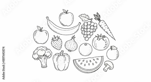 Wallpaper Mural Assortment of fresh fruits and vegetables drawn in a sketch style. Torontodigital.ca