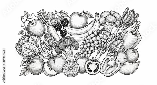 Assortment of Fresh Fruits and Vegetables Hand Drawn Illustration.