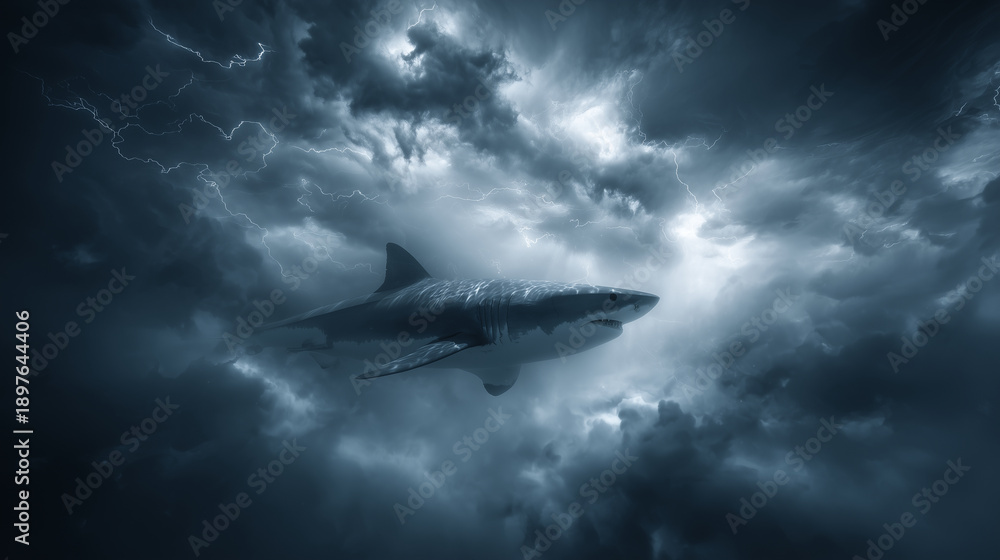 Naklejka premium Shark swimming through stormy clouds, lightning flickering like flashes underwater