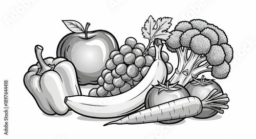 Assortment of fresh fruits and vegetables in a healthy food still life.