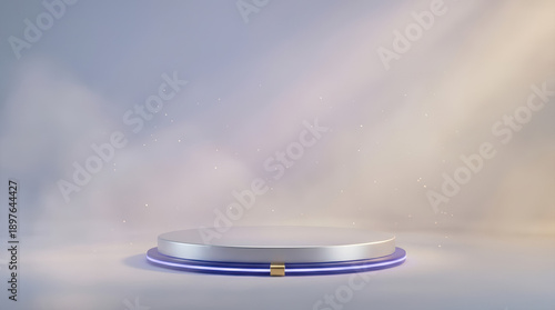 Minimal Luxury Product Pedestal in Dawn Fog with Indigo Glow and Copy Space