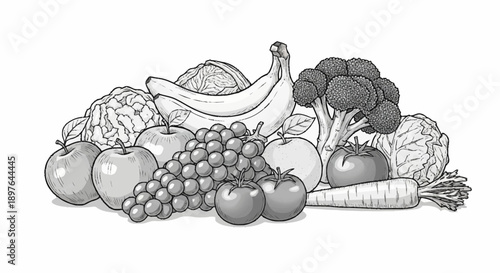 Assortment of fresh fruits and vegetables illustration.