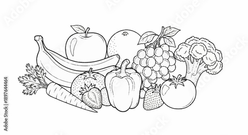 Assortment of fresh fruits and vegetables in a line drawing style.