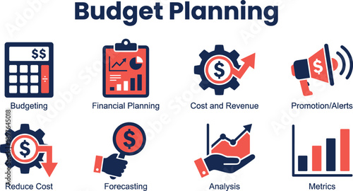 Budget planning infographic with financial icons for budgeting forecasting cost control revenue analysis metrics business finance strategy illustration