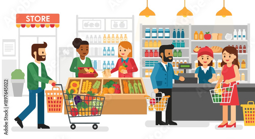 People shopping in a grocery store with carts and baskets full of fresh produce and goods