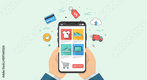 Online shopping on a mobile device with various icons representing e-commerce elements like clothing, shoes, and delivery trucks