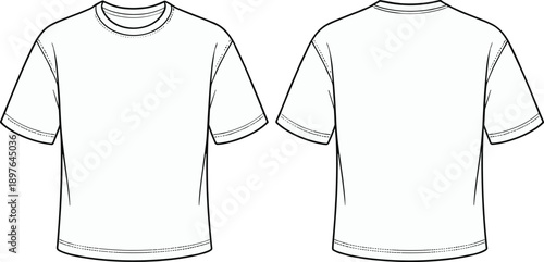 Classic t shirt technical flat illustration, front and back view, short sleeve crew neck basic top design, casual apparel mockup