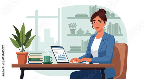 Young businesswoman working on a laptop at her desk in a modern office with bookshelves and plants in the background