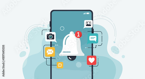 Digital communication and mobile notifications concept displayed on a smartphone screen, illustrating social media alerts, app interactions, and online updates