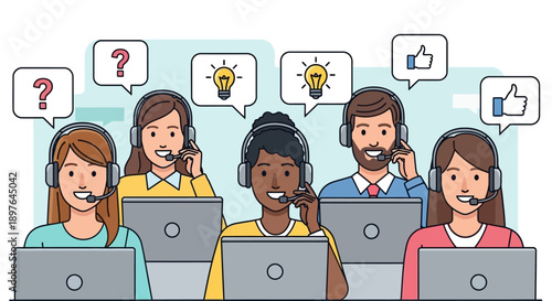 Call center agents with headsets and laptops provide support. They answer questions, brainstorm solutions, and get feedback, showing effective communication and assistance