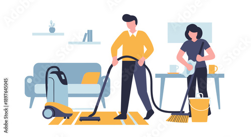 A modern couple efficiently cleans their home, sharing domestic chores like vacuuming and sweeping, illustrating teamwork and a tidy living environment