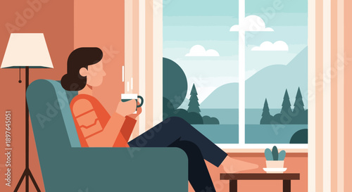A woman enjoying a peaceful moment in her cozy armchair by the window, sipping a warm drink while gazing at the tranquil natural landscape outside, embodying comfort and contemplation