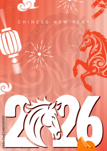Chinese New Year 2026 Year of the Horse Festive Poster, Lunar New Year 2026 Horse Zodiac with Red and Gold Elements, Traditional 2026 Chinese Zodiac Horse Symbol on Red Background, Modern Lunar New Ye