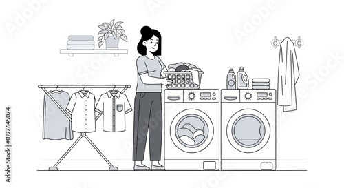 A person is doing laundry in a laundry room with washing machines, clothes on a drying rack, and laundry baskets, illustrating household chores and domesticity