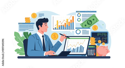 Man in suit analyzing financial charts and graphs on laptop with calculator and piggy bank at desk