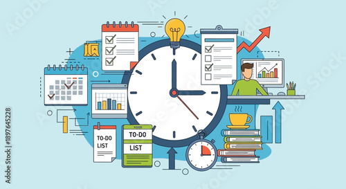 Visualizing efficient time management and productivity strategies, illustrating task organization, planning, and goal achievement for business growth and personal success