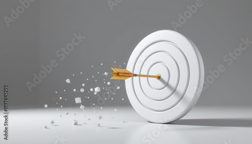 Arrow Hitting Target and Creating Particles of Impact in Minimalistic White Background