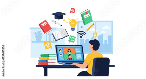 Online learning and remote education concept with students attending virtual classes on a laptop, representing modern studying and digital knowledge acquisition