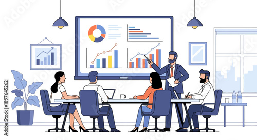 Business meeting with presentation showing growth charts and analytics on a large screen, a team collaborates in an office setting