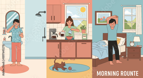 Morning Routine A Day's Start with Personal Hygiene, Breakfast Preparation, and Gentle Stretching