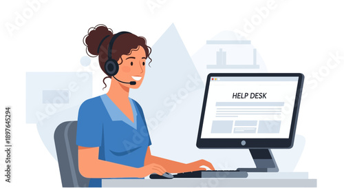 Customer service representative with headset at computer desk, offering support and assistance with a smile