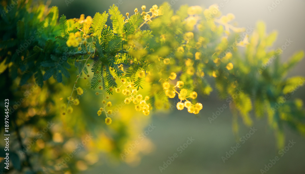 Naklejka premium Mimosa Spring Flowers Easter background. Holiday backdrop, border art design. Blooming mimosa tree flower, bright sun flare. St. Valentine's, Mother's Day. Garden, gardening. Spring holiday blossom. 