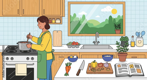 A woman cooking a meal in a bright kitchen with fresh ingredients and a window view of nature