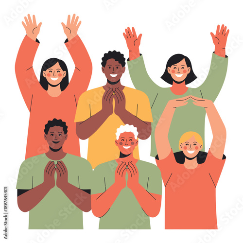 A diverse group of people with their hands raised in celebration and gratitude