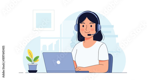 Customer support representative wearing a headset working on a laptop computer at a desk with a plant