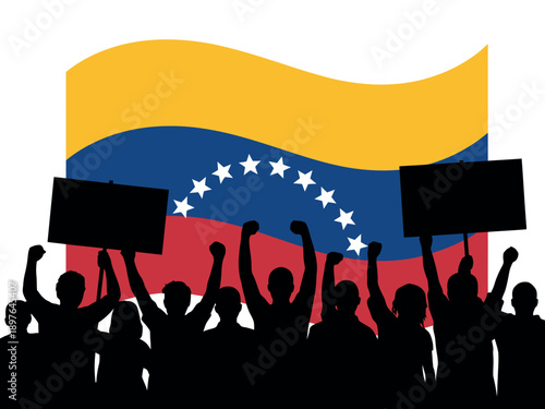A group of people protesting in front of a Venezuelan flag