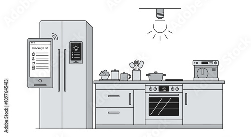 Modern connected kitchen with smart appliances and digital control systems, showcasing home automation technology for an efficient contemporary lifestyle