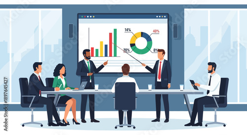 Business meeting with presentation of charts and graphs on a screen, diverse team discussing strategy