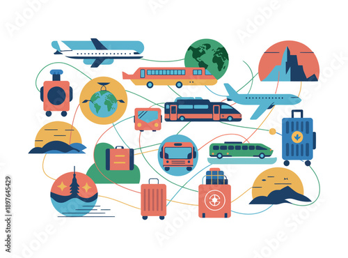A colorful illustration of various transportation modes and travel icons connected by lines, symbolizing journey and adventure.