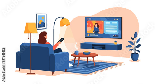 Person enjoying a cozy evening at home, relaxing on a comfortable sofa while watching television, a modern concept of leisure and digital entertainment