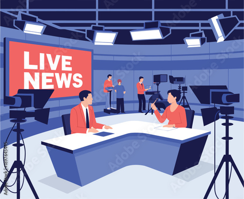 A news team broadcasts live from a modern television studio with a red live news sign
