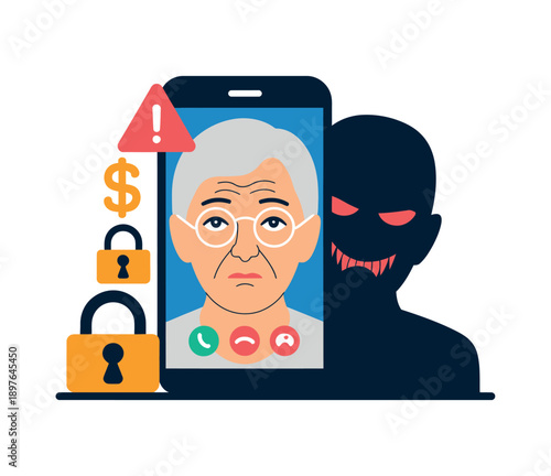 An illustration of a senior citizen being targeted by a scammer through a phone call, with warning signs and security symbols nearby.