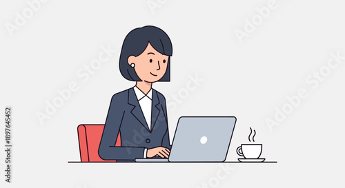 A businesswoman diligently working on her laptop at a desk, with a steaming cup of coffee beside her, embodying focus and productivity in a modern office setting