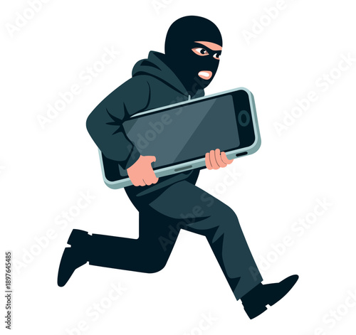 A cartoon thief wearing a black balaclava runs away with a large smartphone.