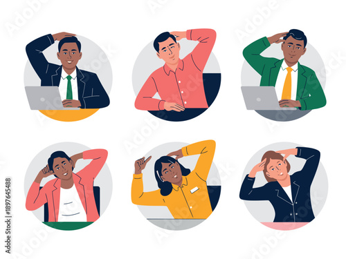 A diverse group of stressed office workers with hands on their heads