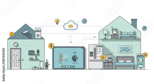 Smart home technology, interconnected devices controlling different areas of a modern house