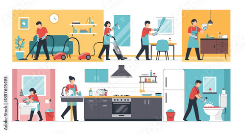 Set of illustrations depicting various household cleaning activities including vacuuming, dusting, window cleaning, kitchen and bathroom sanitization, and laundry