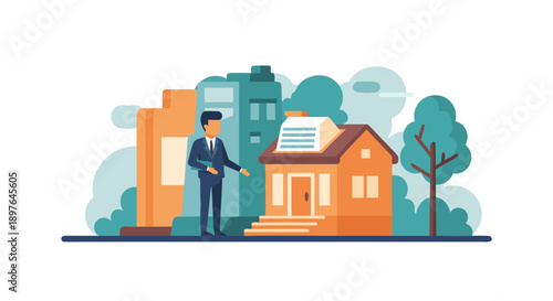 Charming vector illustration of a real estate agent presenting a house in a suburban neighborhood, featuring modern buildings and lush greenery