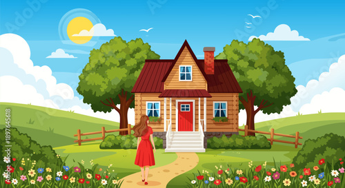 charming country house with blooming flowers in a vibrant landscape, vector illustration