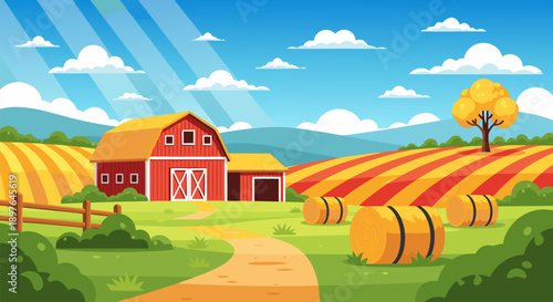 Vector illustration of a vibrant farm landscape with hay bales, barn, and rolling hills under a sunny sky